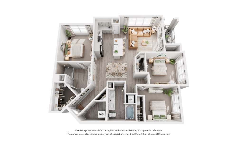 D1-H - 3 bedroom floorplan layout with 2 bathrooms and 1436 square feet