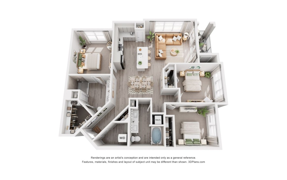 D1 - 3 bedroom floorplan layout with 2 bathrooms and 1436 square feet