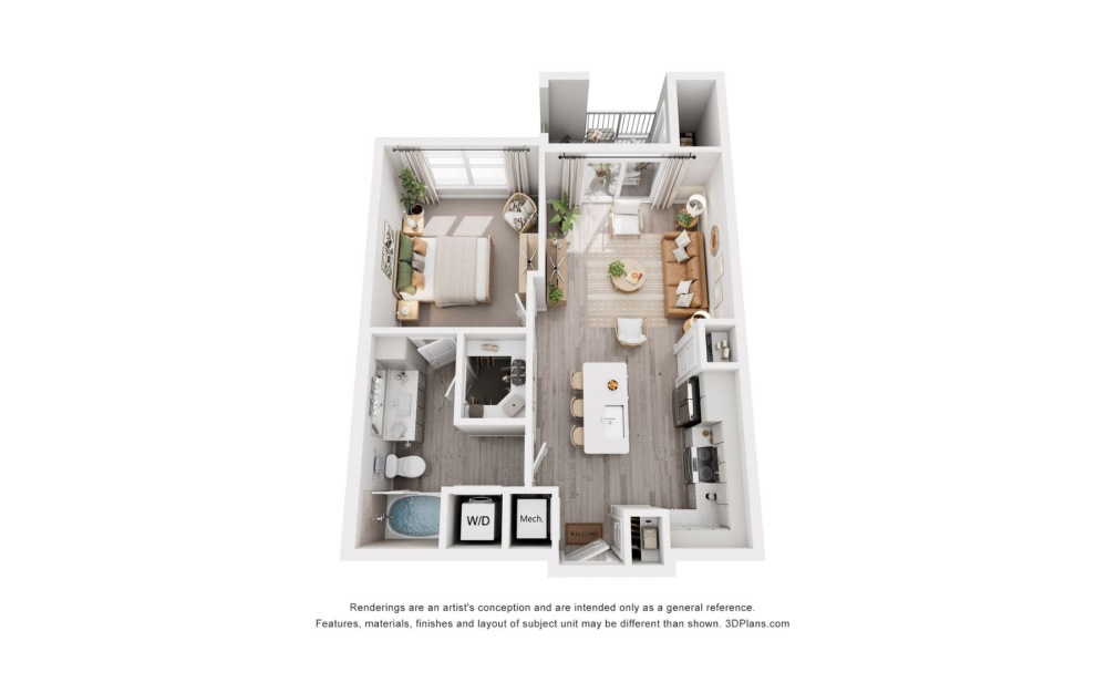 A2 - 1 bedroom floorplan layout with 1 bathroom and 682 square feet