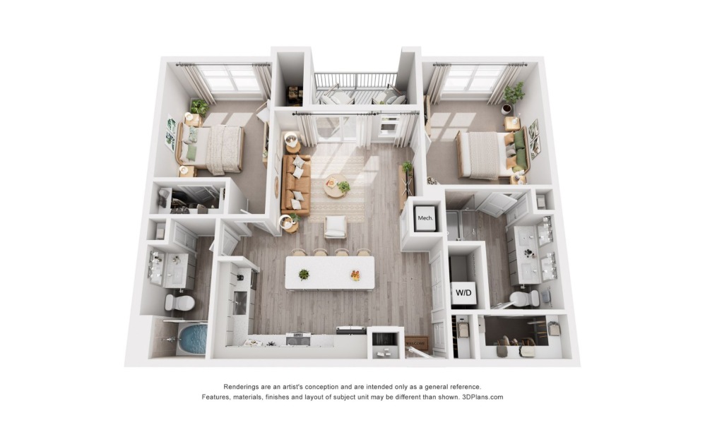 C1 - 2 bedroom floorplan layout with 2 bathrooms and 1101 square feet
