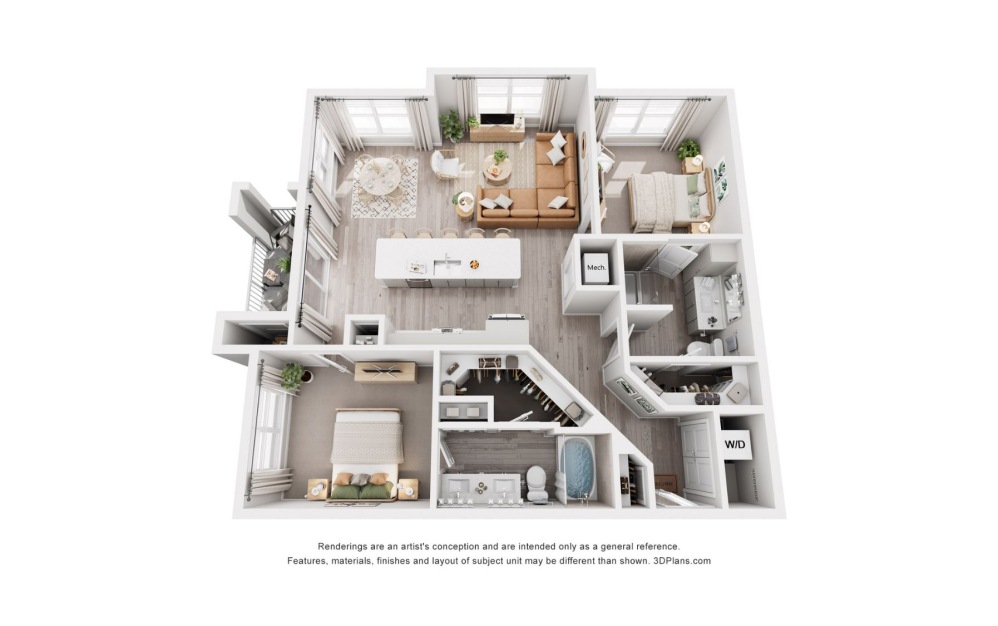 #1401 - 2 bedroom floorplan layout with 2 bathrooms and 1212 square feet