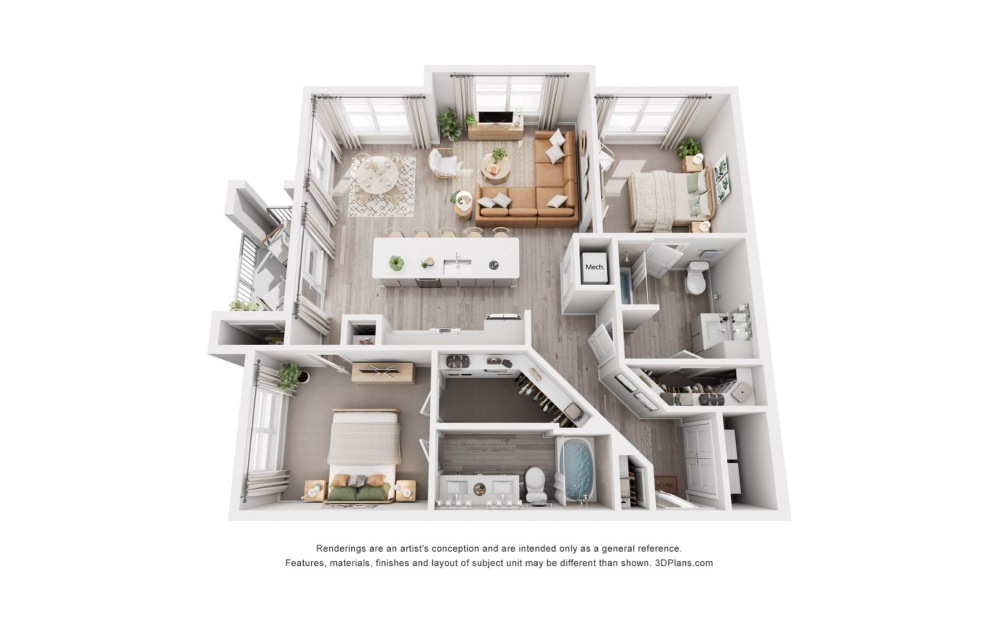 #7119 - 2 bedroom floorplan layout with 2 bathrooms and 1212 square feet